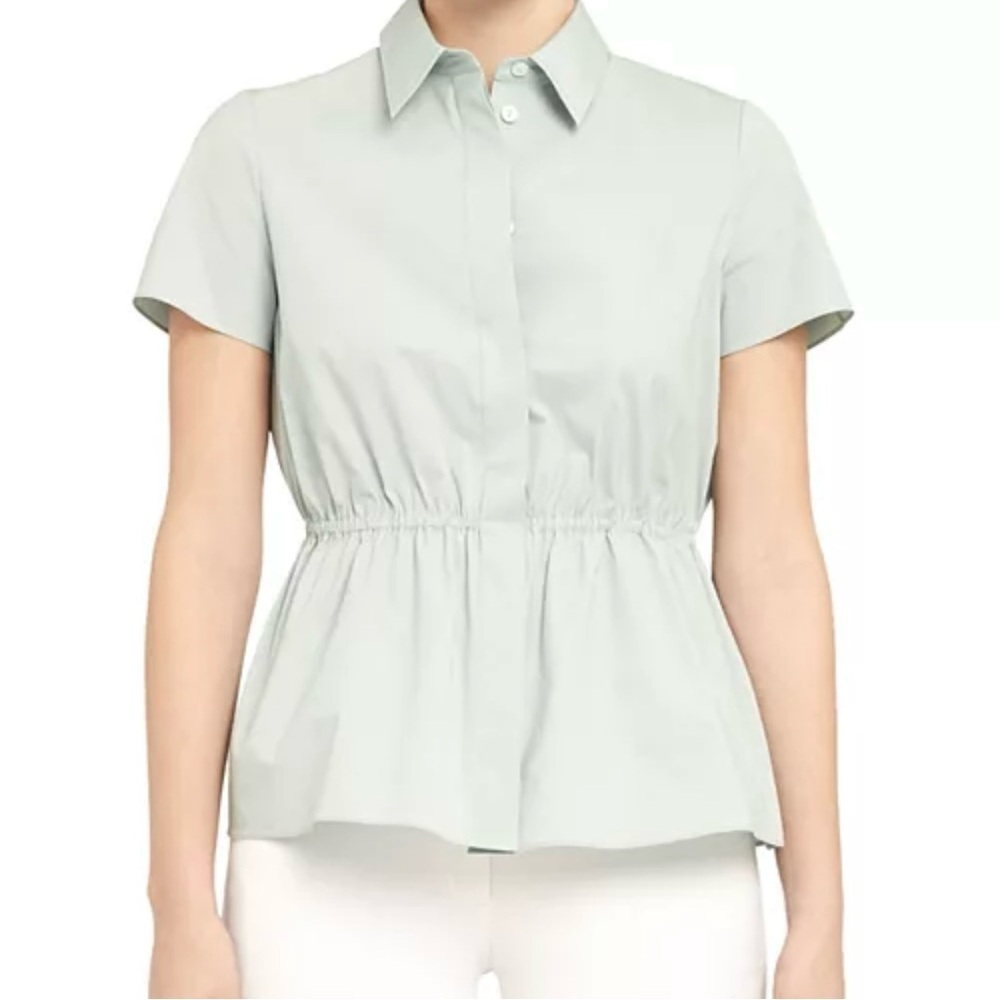 Theory Short-Sleeve Cinched Stretch Cotton Shirt Medium Solid Sage Peplum